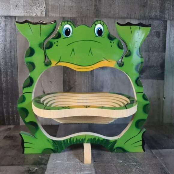 Frog Shape Wood Collapsible Standing Basket Trivet Kitsch Toad Cutesy - Picture 5 of 6